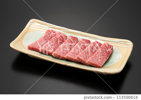 Plate of sliced beef, plate of premium wagyu beef, plate of freshly cut wagyu beef Plate of sliced beef, plate of premium wagyu beef, plate of freshly cut wagyu beef 113500818