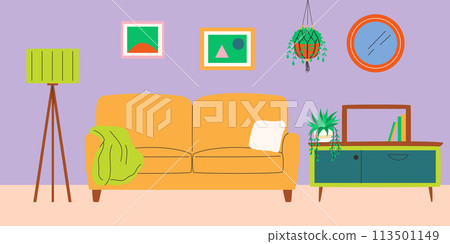 Living room interior design with furniture and macrame plant. Vector illustration. 113501149
