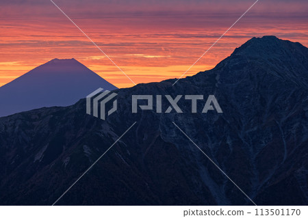 Mount Fuji and Mount Kita at dawn as seen from Mount Senjo in the Southern Alps Mount Fuji and Mount Kita at dawn as seen from Mount Senjo in the Southern Alps 113501170