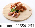 Delicious wieners served on a board image / Fresh wiener sausages served image / Delicious wieners 113501251