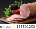 Image of roast ham served on a cutting board, roast ham cut 113501252