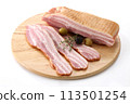 Fresh bacon, delicious bacon presentation image, block and cut bacon cut image 113501254