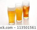 Draft beer, orange juice and oolong tea poured into glasses on white background 113501561