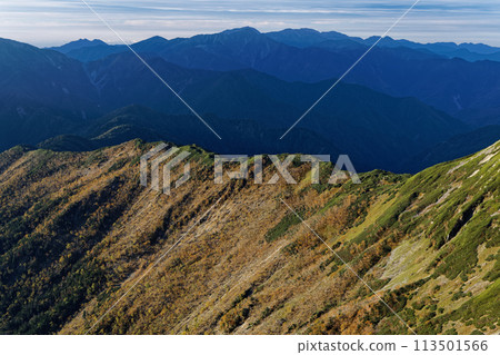 The Senjo Ridge and the Shiomi and Arakawa mountain ranges seen from the ridgeline of Mount Senjo in the Southern Alps The Senjo Ridge and the Shiomi and Arakawa mountain ranges seen from the ridgeline of Mount Senjo in the Southern Alps 113501566