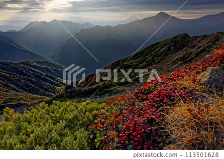 Morning view of Mount Kitadake, Mount Houou and Mount Fuji from the ridge of Mount Senjogatake in the Southern Alps 113501628