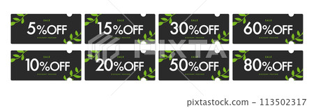 Black and plant coupon vector icon set for sale (by discount percentage) Black and plant coupon vector icon set for sale (by discount percentage) 113502317