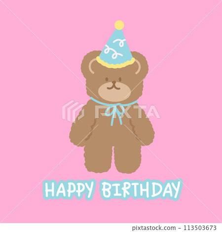 Teddy bear with party hat and HAPPY BIRTHDAY letters for birthday party, card, print, pink background, zoo, vet, animal sticker, cartoon, character, post card, template, plush toy, doll, gift wrap Teddy bear with party hat and HAPPY BIRTHDAY letters for birthday party, card, print, pink background, zoo, vet, animal sticker, cartoon, character, post card, template, plush toy, doll, gift wrap 113503673