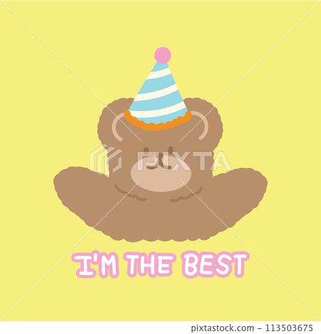 Teddy bear with party hat and I'M THE BEST letters for cute card, print, pastel yellow background, zoo, vet, animal, sticker, cartoon, character, post card, template, plush toy, doll, gift wrap 113503675
