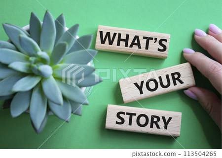 What is your story symbol. Concept words What is your story on wooden blocks. Beautiful green background with succulent plant. Businessman hand. Business and What is your story concept. Copy space. What is your story symbol. Concept words What is your story on wooden blocks. Beautiful green background with succulent plant. Businessman hand. Business and What is your story concept. Copy space. 113504265