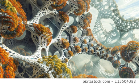 Abstract 3D Structure with Intricate Patterns and Warm Colors, Resembling a Surreal Alien Landscape 113504388