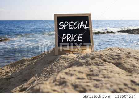 Special Price symbol. Concept word Special Price on black chalk background. Beautiful sea background. Business and Special Price concept. Copy space 113504534