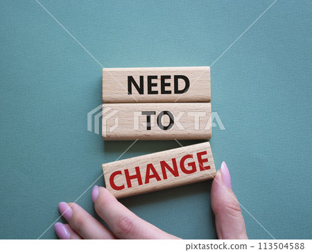 Need to change symbol. Concept words 'Need to change' on wooden blocks. Beautiful grey green background. Businessman hand. Business and Need to change concept. Copy space. 113504588