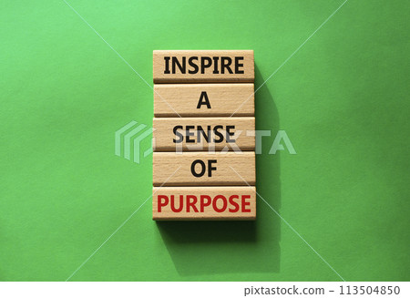 Purpose symbol. Wooden blocks with words Inspire a sense of Purpose. Beautiful green background. Business and Purpose concept. Copy space. Purpose symbol. Wooden blocks with words Inspire a sense of Purpose. Beautiful green background. Business and Purpose concept. Copy space. 113504850