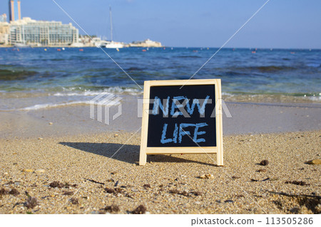 New life symbol. Concept words New life on black chalk background. Beautiful sea background. Business and New life concept. Copy space. New life symbol. Concept words New life on black chalk background. Beautiful sea background. Business and New life concept. Copy space. 113505286