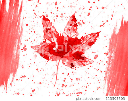 Happy Canada Day greeting card. 1 July of Independence Canada. Celebration composition with maple leaf, brush strokes and splashes in red colors. Watercolor illustration isolated on white background. Happy Canada Day greeting card. 1 July of Independence Canada. Celebration composition with maple leaf, brush strokes and splashes in red colors. Watercolor illustration isolated on white background. 113505303