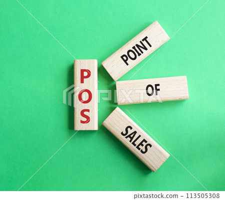 POS - Point Of Sales symbol. Wooden cubes with words POS. Beautiful green background. Business and POS concept. Copy space. POS - Point Of Sales symbol. Wooden cubes with words POS. Beautiful green background. Business and POS concept. Copy space. 113505308