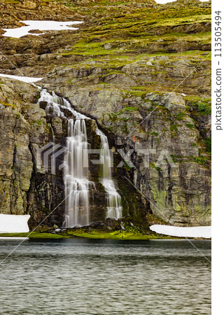 Mountain lake waterfall Flotvatnet Norway 113505494