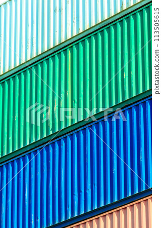 Colorful containers stacked in port. 113505615