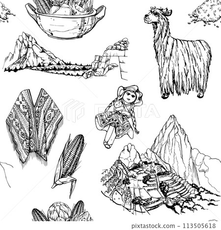Hand drawn ink vector illustration, Peru symbols landscapes alpaca doll Machu Picchu corn maize embroidered poncho. Seamless pattern isolated on white background. Design travel, menu, brochure, print 113505618