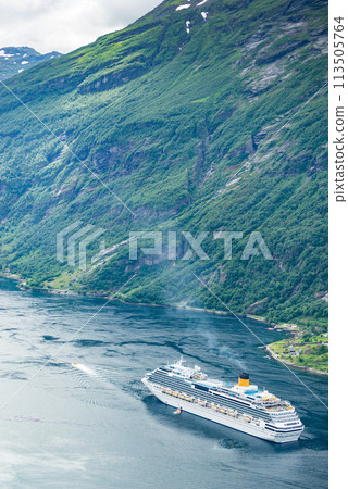 Fjord Geirangerfjord with ferry boat, Norway. Fjord Geirangerfjord with ferry boat, Norway. 113505764