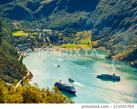 Fjord Geirangerfjord with cruise ship, Norway. 113505769