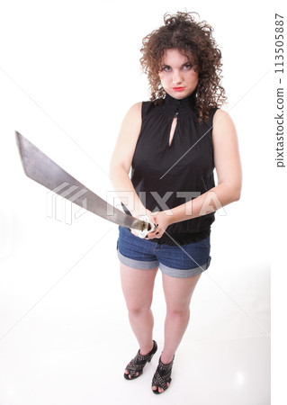 Portrait curly woman curly girl and sword 113505887