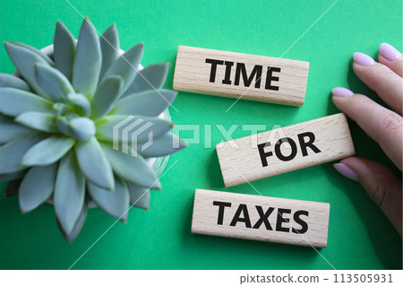 Time for Taxes symbol. Concept words Time for Taxes on wooden blocks. Beautiful green background with succulent plant. Businessman hand. Business and Time for Taxes concept. Copy space. Time for Taxes symbol. Concept words Time for Taxes on wooden blocks. Beautiful green background with succulent plant. Businessman hand. Business and Time for Taxes concept. Copy space. 113505931