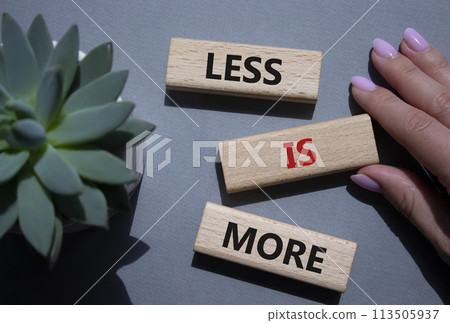 Less is More symbol. Concept words Less is More on wooden blocks. Beautiful grey background with succulent plant. Businessman hand. Business and Less is More concept. Copy space. 113505937