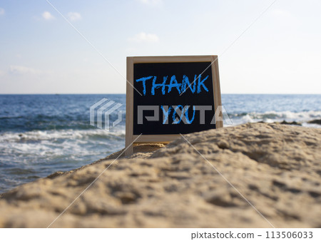 Thank you symbol. Concept word Thank you on black chalk background. Beautiful sea background. Business and Thank you concept. Copy space. 113506033
