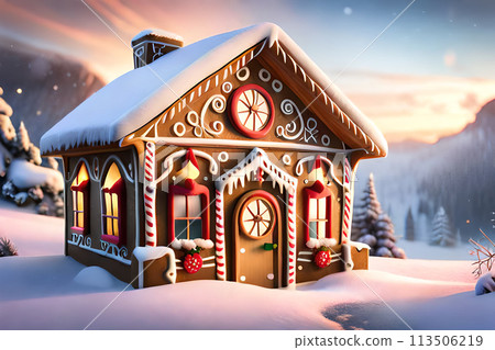 Homemade Christmas Gingerbread House on a snowy table. Christmas lights in the background 113506219