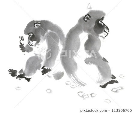 Two monkeys lying sideways, ink painting Two monkeys lying sideways, ink painting 113506760