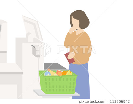 Illustration of a woman confused by the supermarket's self-checkout 113506942