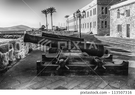 Disused cannons on the historic ramparts in Alghero, Sardinia, Italy 113507316