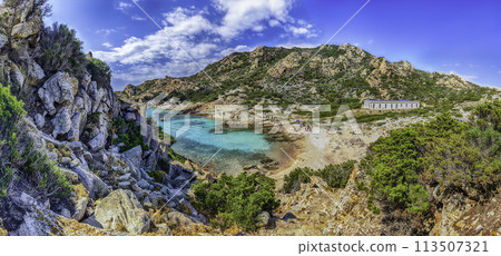 View over Cala Corsara, Spargi Island, Maddalena Archipelago, Sardinia, Italy 113507321