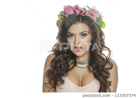 Excited fashion brunette model with make-up, fresh clear skin, shiny long wavy hairstyle Excited fashion brunette model with make-up, fresh clear skin, shiny long wavy hairstyle 113507374