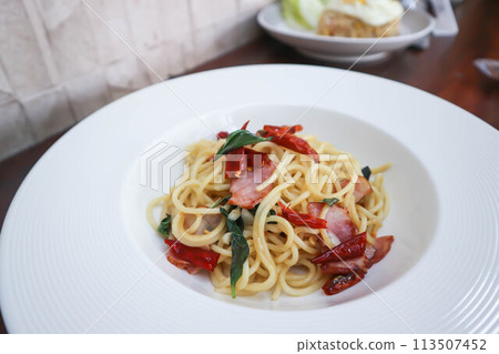 bacon spaghetti ,spaghetti or spicy spaghetti or pasta 113507452