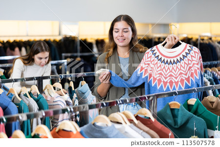 Attentive young woman holding a jumper with a graphic pattern while shopping in a mall 113507578