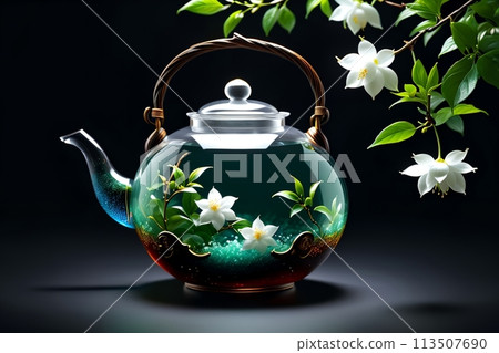 healing aromatic tea with jasmine in a glass teapot 113507690
