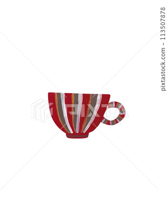 Sketch of a cup for holiday decorations and other restaurant designs. A bright mug with green and red stripes and gold. Gouache abstraction. Vintage isolated element. Restaurant menu. Coffee label Sketch of a cup for holiday decorations and other restaurant designs. A bright mug with green and red stripes and gold. Gouache abstraction. Vintage isolated element. Restaurant menu. Coffee label 113507878