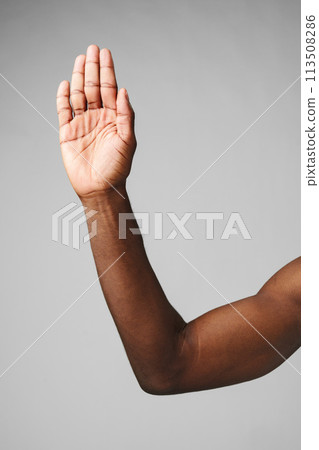 A mans arm is raised high in the air, hand held up with fingers spread apart 113508286