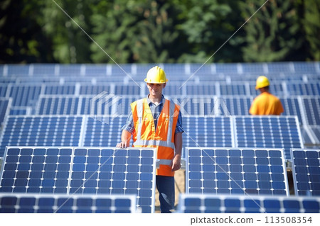 Renewable energy, Person at solar power plant. 113508354