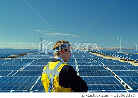 Renewable energy, Person at solar power plant. Renewable energy, Person at solar power plant. 113508358