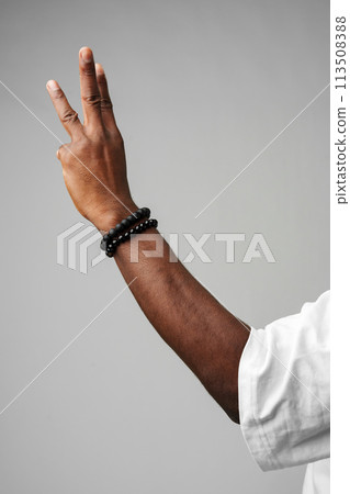 Human Hand Gesturing Three Fingers Up Against a Neutral Grey Background 113508388