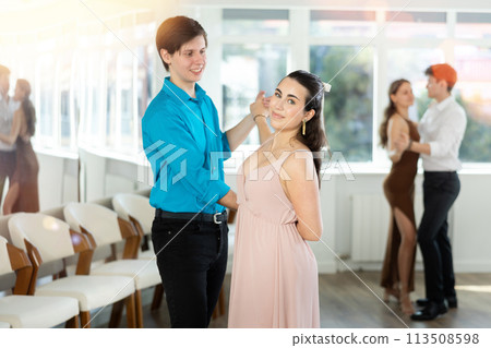 Couple young woman and man dancing waltz 113508598