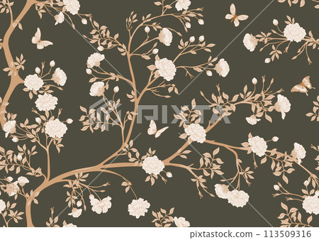 Blossom trees with flowers and butterflies. Blossom trees with flowers and butterflies. 113509316