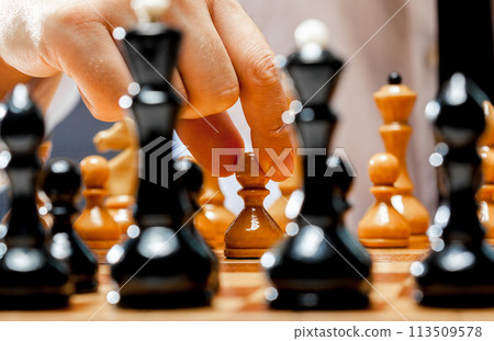 Hand of businessman playing chess 113509578