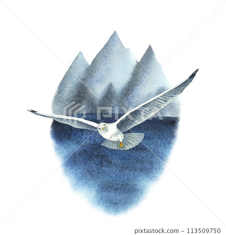 Flying watercolor seagull composition print isolated on white background. Hand drawn illustration on the theme of sea fishing. Mountain, water, tourist. For design, prints, patterns, postcards 113509750