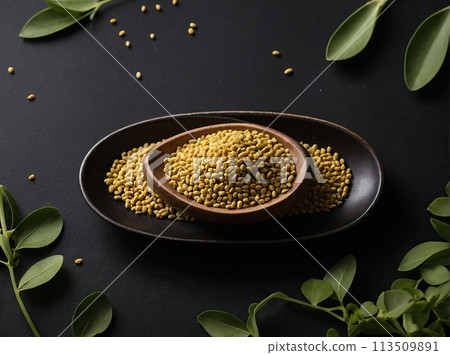 Fenugreek on a black background. 113509891