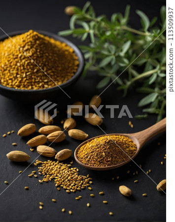 Fenugreek on a black background. 113509937
