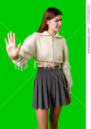 Woman in Skirt Making Stop Sign 113510011